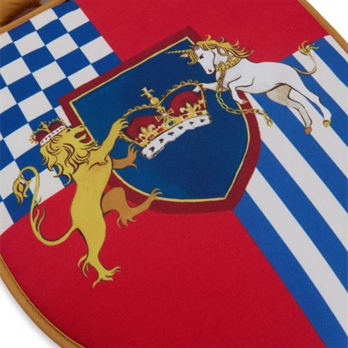 Front of sword and shield toy featuring a colourful shield with red and blue deisgn, featuring a crown at centre with a lion and unicorn to each side, with a sword behind. 