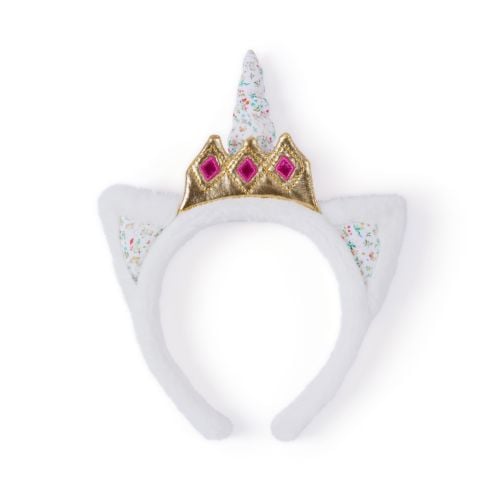 White unicorn with crown headband, woodland design detail.
