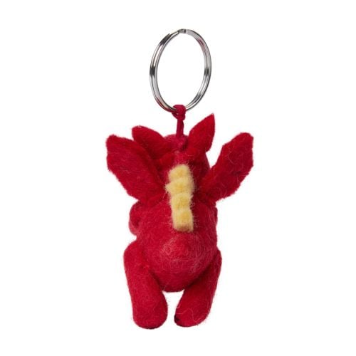 Image of a red felt dragon on a keyring.
