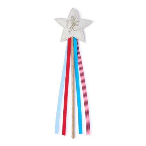 Children's wand with blue and red streamers,  topped with a star, lion on one side and unicorn on the other.