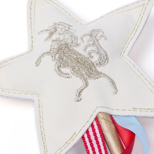 Children's wand with blue and red streamers,  topped with a star, lion on one side and unicorn on the other.