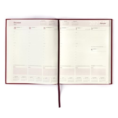 Red desk diary with gold embossed crest and lettering, Buckingham Palace Diary 2026.