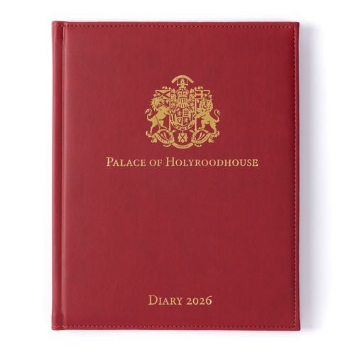 Red desk diary with gold embossed crest and lettering, Palace of Holyroodhouse Diary 2026.