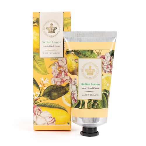 Lemon hand cream in yellow lemon and floral botanical design. 