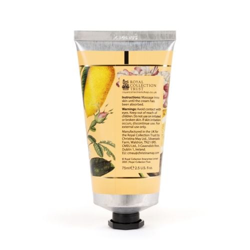 Lemon hand cream in yellow lemon and floral botanical design. 