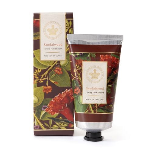 Sandalwood hand cream with a floral image on burgundy background, shown in tube and matching box.