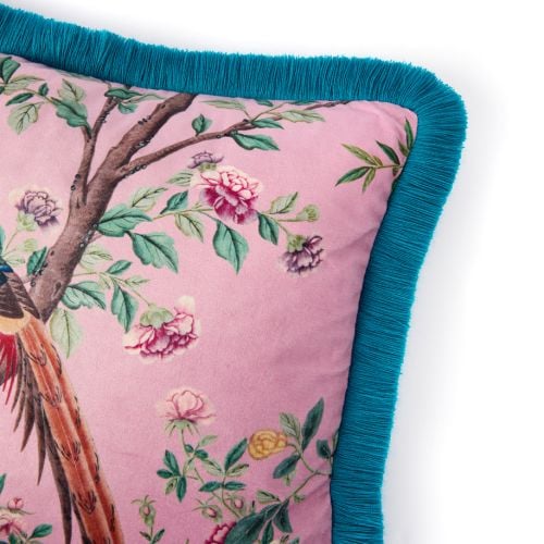 Pink East Wing Cushion with chinese wallpaper design featuring an exotic bird and blue border. 