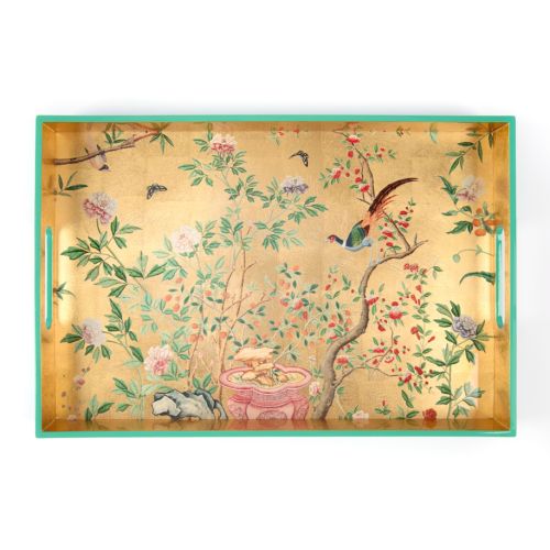 East wimg Lacquer tray with gold chinese wallpaper inspired design fetauring a pheasant on branch and butterflies with light tray edging. 