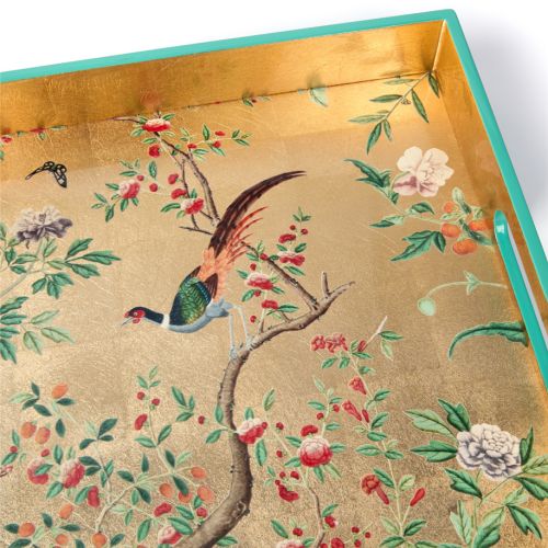East wimg Lacquer tray with gold chinese wallpaper inspired design fetauring a pheasant on branch and butterflies with light tray edging. 