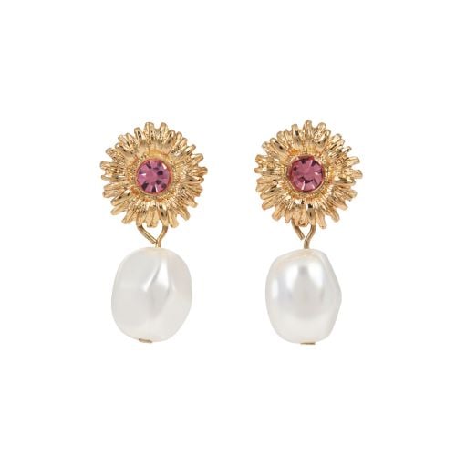 Sunflower earrings with pink gem centre and pearl drop. 