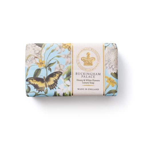 Buckingham Palace Honey & White Flower luxury soap wrapped in floral blue packaging featuring a yellow and black butterfly, made in England.