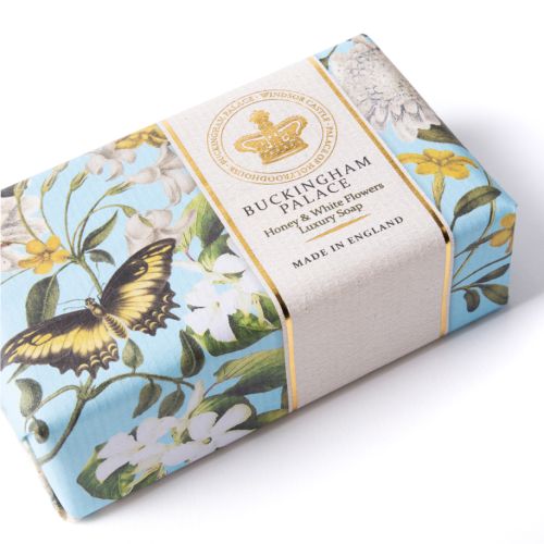 Buckingham Palace Honey & White Flower luxury soap wrapped in floral blue packaging featuring a yellow and black butterfly, made in England.