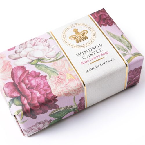 Windsor Castle Rose scented soap in pink botanical pattern. 
