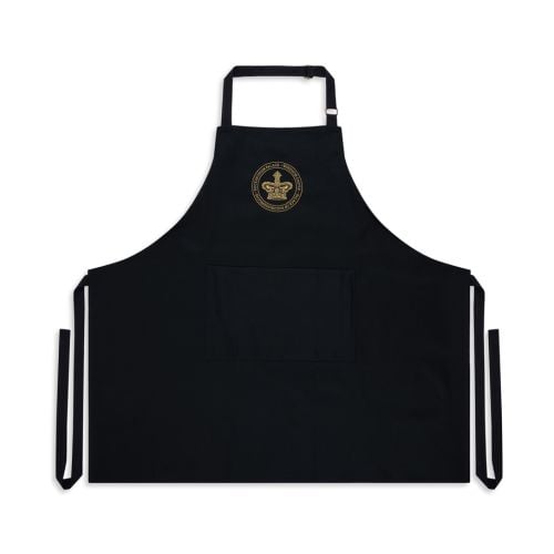Black apron with gold emblem showing all three residences around a crown.