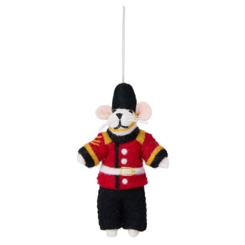Hanging decoration of white felt mouse in guardsman uniform.