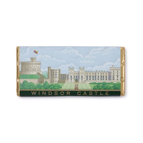 Gold foiled Windsor Castle Facade Chocolate bar featuring the Royal Standard being flown. 