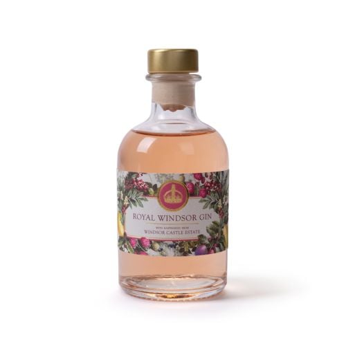 Miniature bottle of Royal Windsor pink gin with raspberries from Windsor Castle estate.