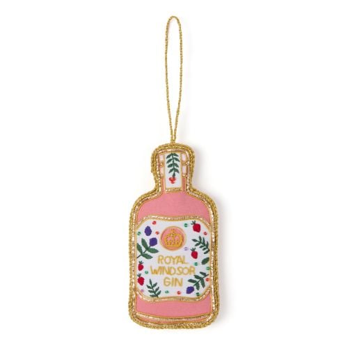 Gin bottle shaped Christmas Decoration with Royal Windsor Pink Gin. 