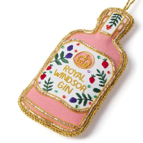 Gin bottle shaped Christmas Decoration with Royal Windsor Pink Gin. 