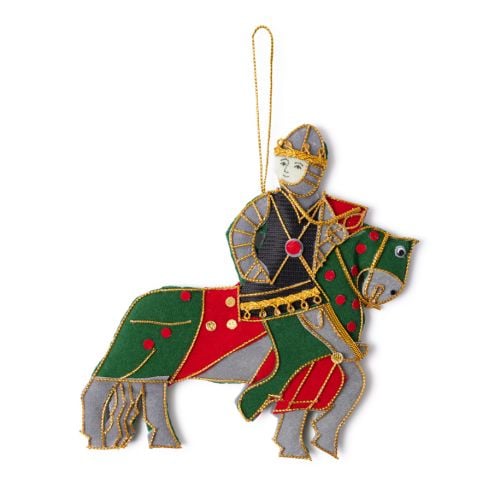 Knight on Horseback Christmas Decoration with red and green colours and gold thread. 