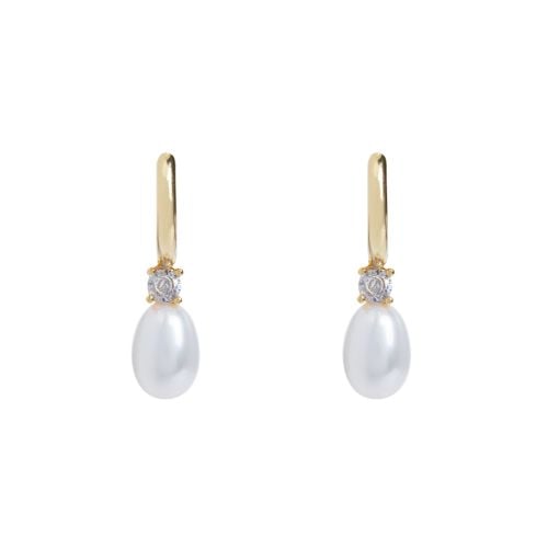 Gold hoops with square crystal and pearl drop. 