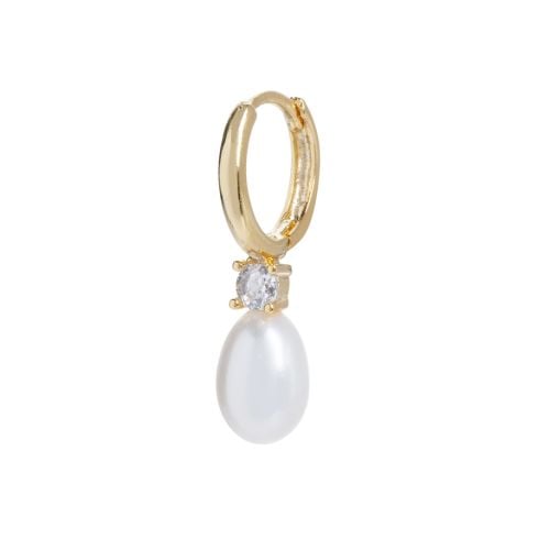 Gold hoops with square crystal and pearl drop.