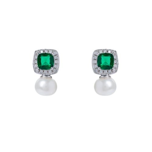 Green emerald style stud earring with pearl drop and crystal studs. 
