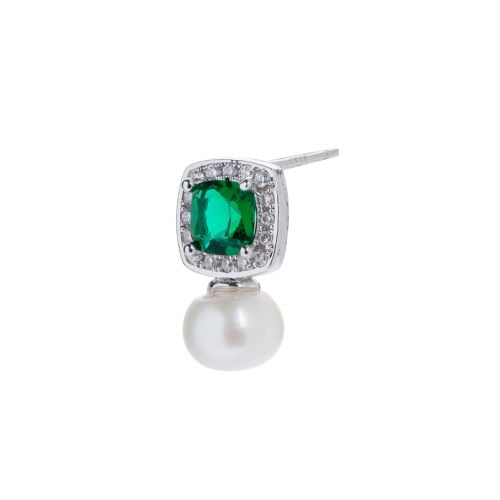 Green emerald style stud earring with pearl drop and crystal studs. 