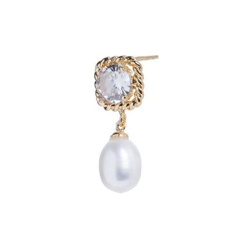 Large crystal stud with gold rope style edging attached to pearl drop. 
