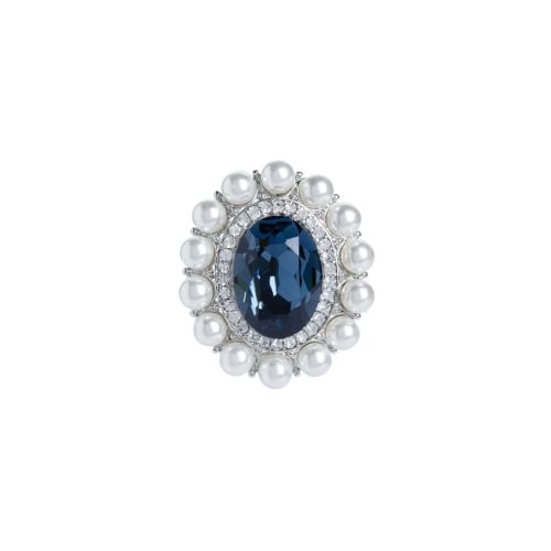 Large oval sapphire gem brooch with crystal and faux pearl border. 

