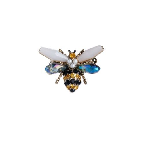 Small yellow and black gem and bead studded brooch in shape of bee with white and blue studded wings. 