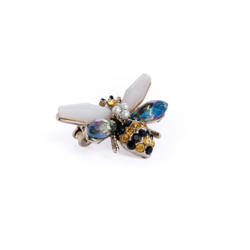 Small yellow and black gem and bead studded brooch in shape of bee with white and blue studded wings. 