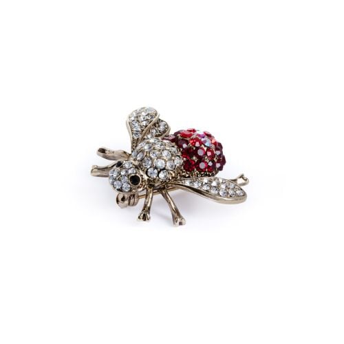 Silver and red bead studded gold insect brooch with silver wings and red body. 