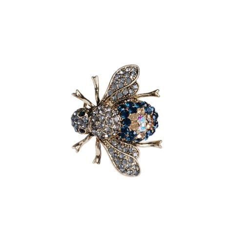 Blue and silver bead studded gold insect brooch with silver shaded beads on body as well as beads.
