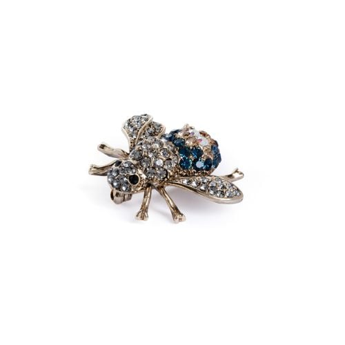 Blue and silver bead studded gold insect brooch with silver shaded beads on body as well as beads.