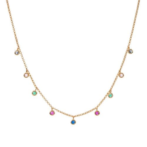 Dainty gold chain necklace with nine multi coloured faux gems. 