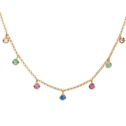 Dainty gold chain necklace with nine multi coloured faux gems. 