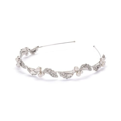 Silver leaf headband with costume pearls and crystals.