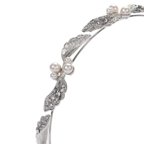 Silver leaf headband with costume pearls and crystals.