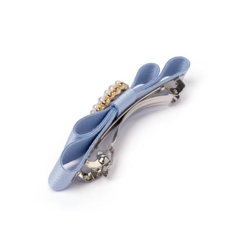Blue silk barette with pearl studded detail. 
