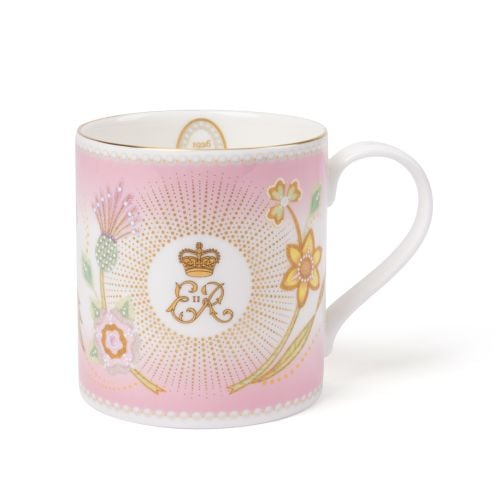 Queen Elizabeth II pink commemorative mug with floral details and central ER Cypher. 