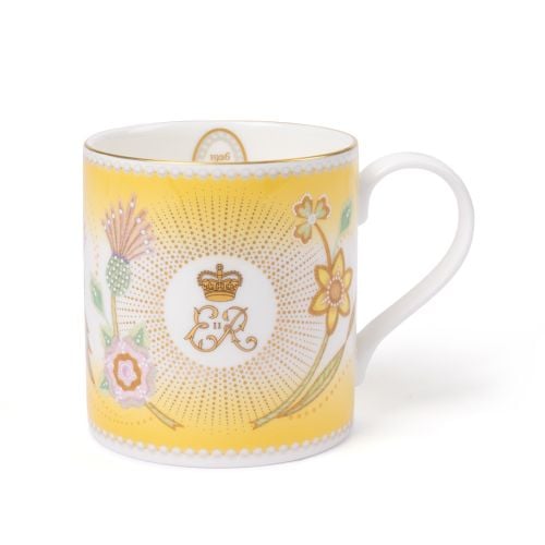 Yellow Queen Elizabeth II Centenary mug with floral details and central yellow cypher. 