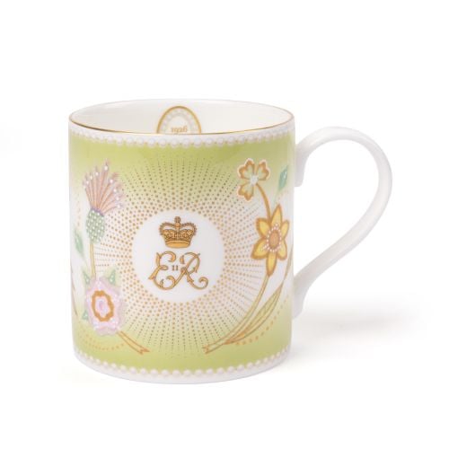 Green Queen Elizabeth II centenary commemorative mug with central cypher and floral details. 