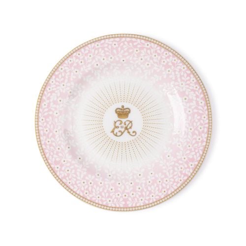 Queen Elizabeth II Centenary plate with sunbeam design centred around central cypher and floral pink pattern with gold gilding. 