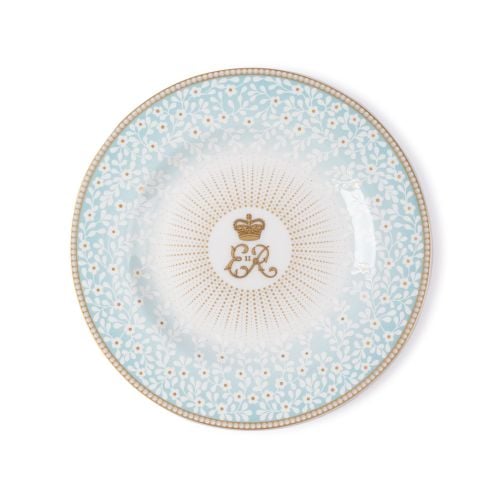 Blue Queen Elizabeth Centenary plate with cypher surrounded by sunbeam pattern as well as a floral blue print with gilding. 