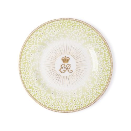 Green floral Queen Elizabeth II plate with gold gilding and cypher with central sunbeam pattern. 