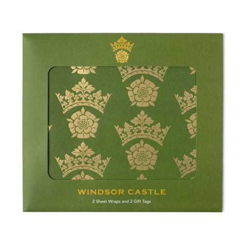 Deep green wrapping paper with gold Tudor Rose with crown logo of Windsor Castle. 