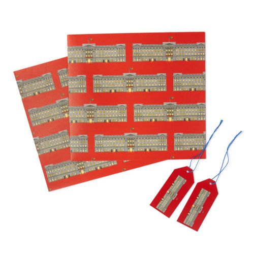 Red packaged Buckingham Palace Facade wrapping paper.