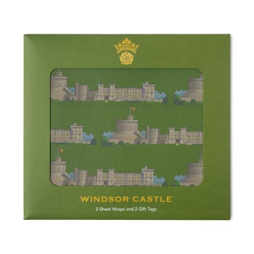 Forest green Windsor Castle Wrapping paper with Facade of Windsor Castle printed on the paper, with "2 Sheet Wraps and 2 Gift Tags" printed on the front of the packaging. 
