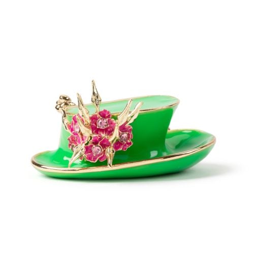 Her life in style green hat brooch with pink crystals.